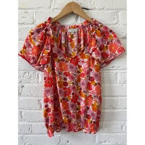 Floral Flutter Sleeve Boho Womans M Blouse Cottagecore Peasant Festival Smocked